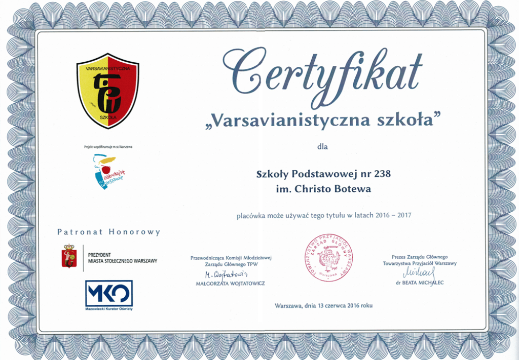 Certyfikat "Varszawianistyczna Szkoła" 2016/17
